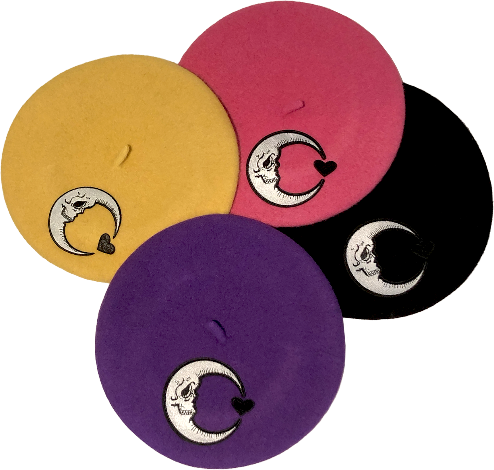 pink, purple, black, and yellow wool berets with skull moon and black heart patches