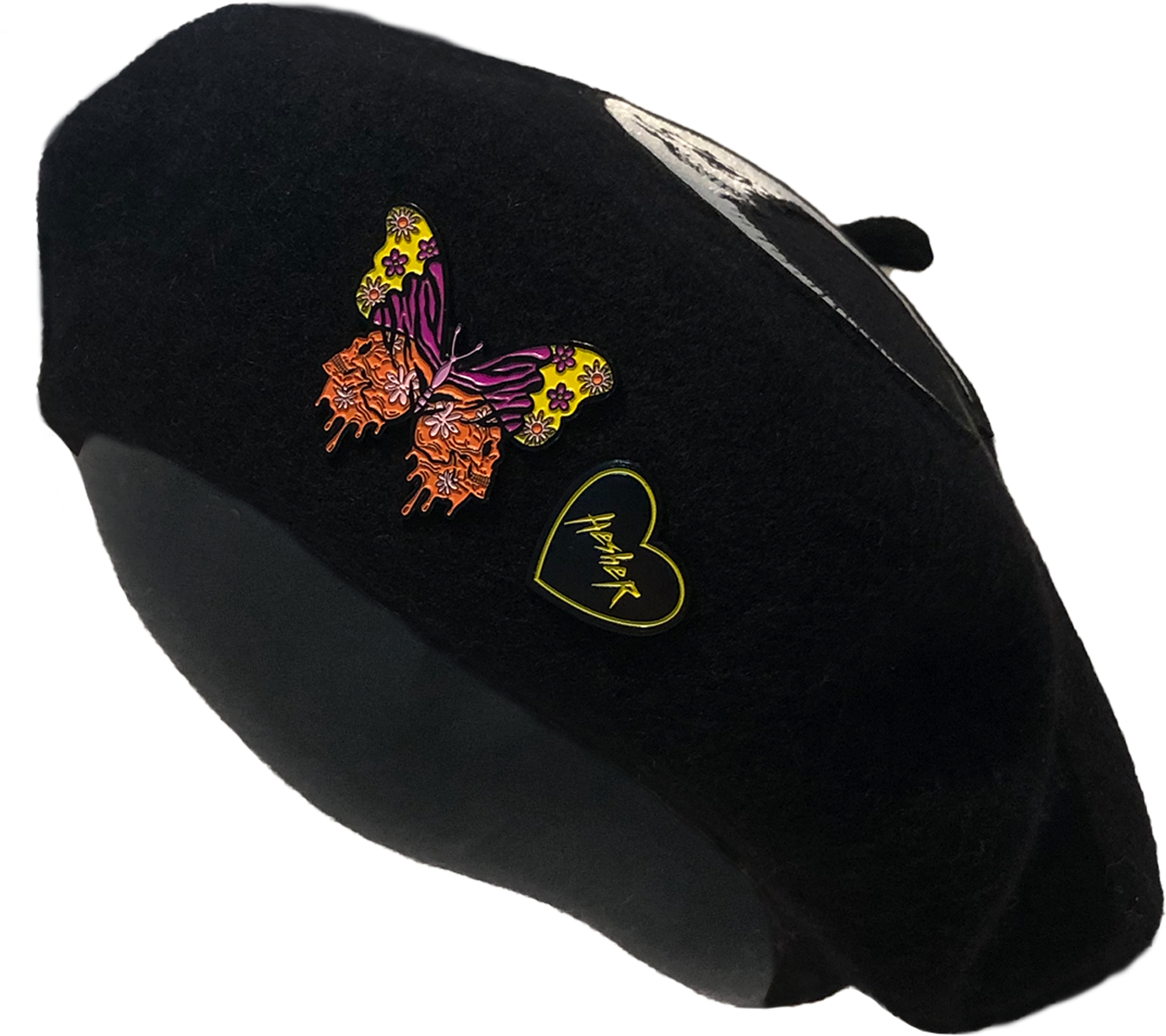 black wool beret with skull moon heart patch and colorful butterfly metal pin and black and yellow Hesher heart shaped metal pin