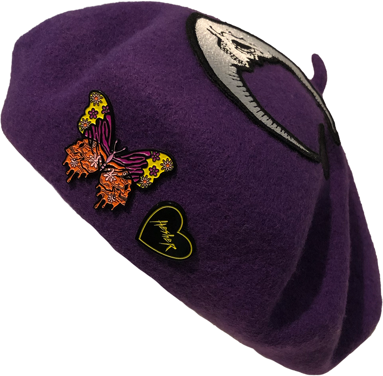 purple wool beret with skull moon heart patch and colorful butterfly metal pin and black and yellow Hesher heart shaped metal pin
