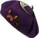 purple wool beret with skull moon heart patch and colorful butterfly metal pin and black and yellow Hesher heart shaped metal pin