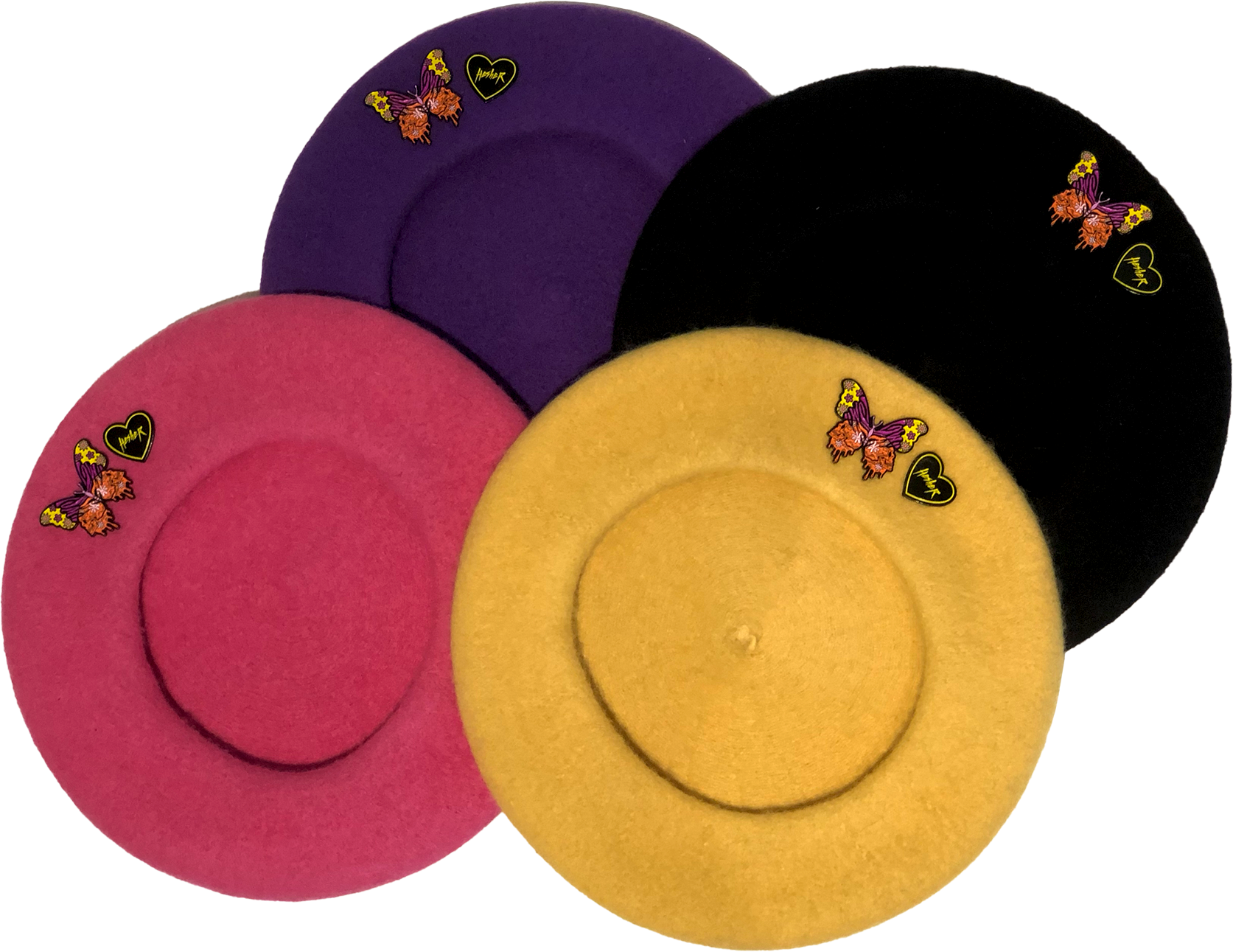 pink, purple, black, and yellow wool berets with colorful butterfly metal pins and Hesher heart shaped metal pins