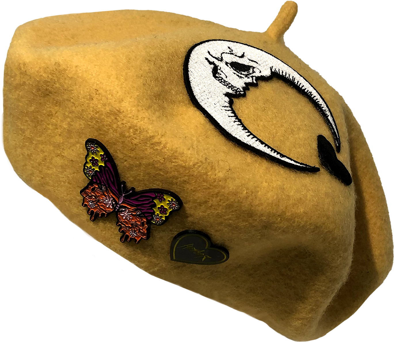 yellow wool beret with skull moon heart patch and colorful butterfly metal pin and black and yellow Hesher heart shaped metal pin